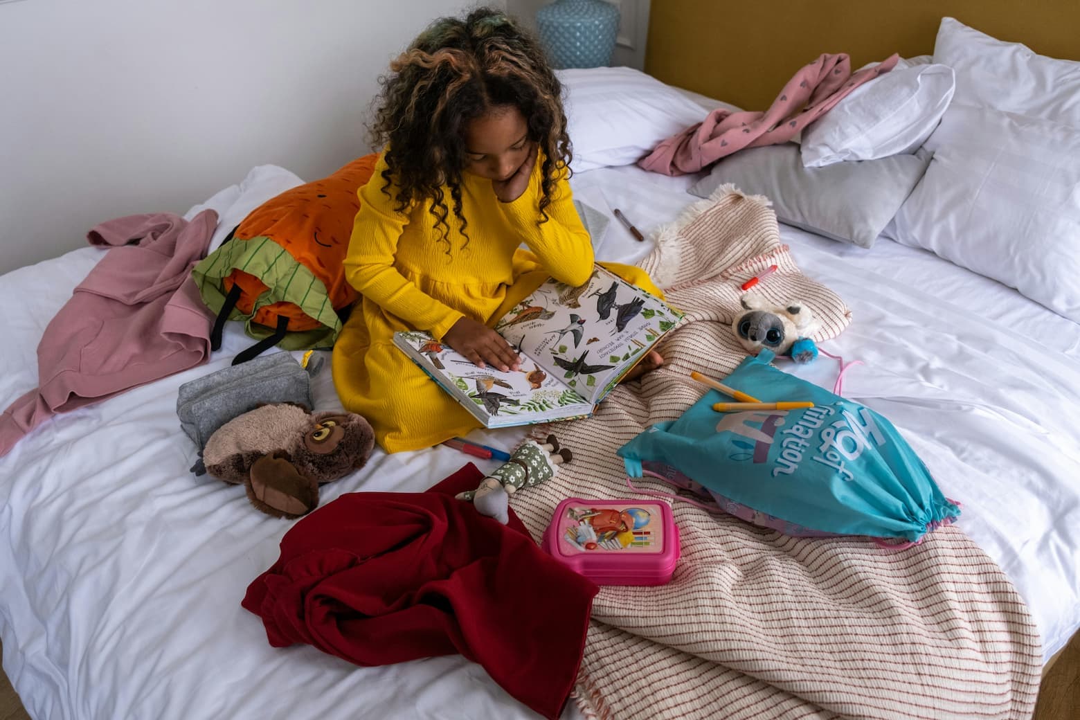 Schulkind sitzt konzentriert im Bett und liest ein Buch über Vögel – ideale Kinderbücher ab 6 Jahren zum selbstständigen Lesen